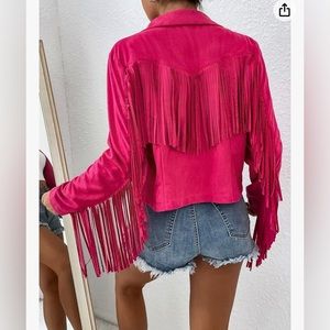 Women's Fringe Drop Shoulder Long Sleeve Jacket Hot Pink size XS